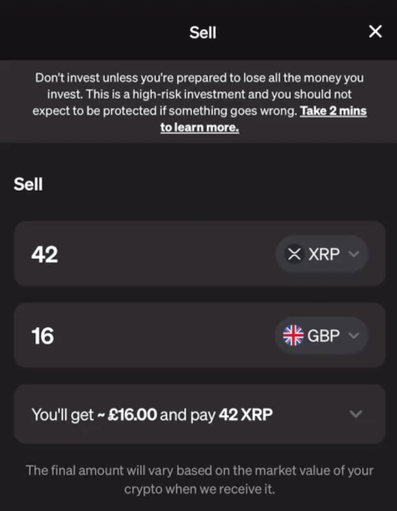 A screenshot showing a MoonPay transaction to sell XRP for GBP